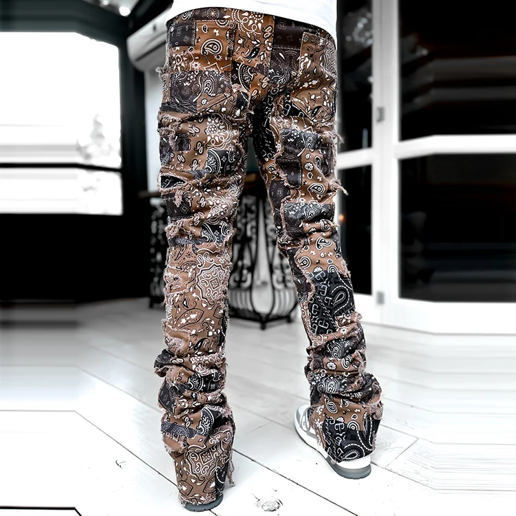 Fashion Vintage Wash Stacked Jeans Men Digital Screen Print Jeans For Man