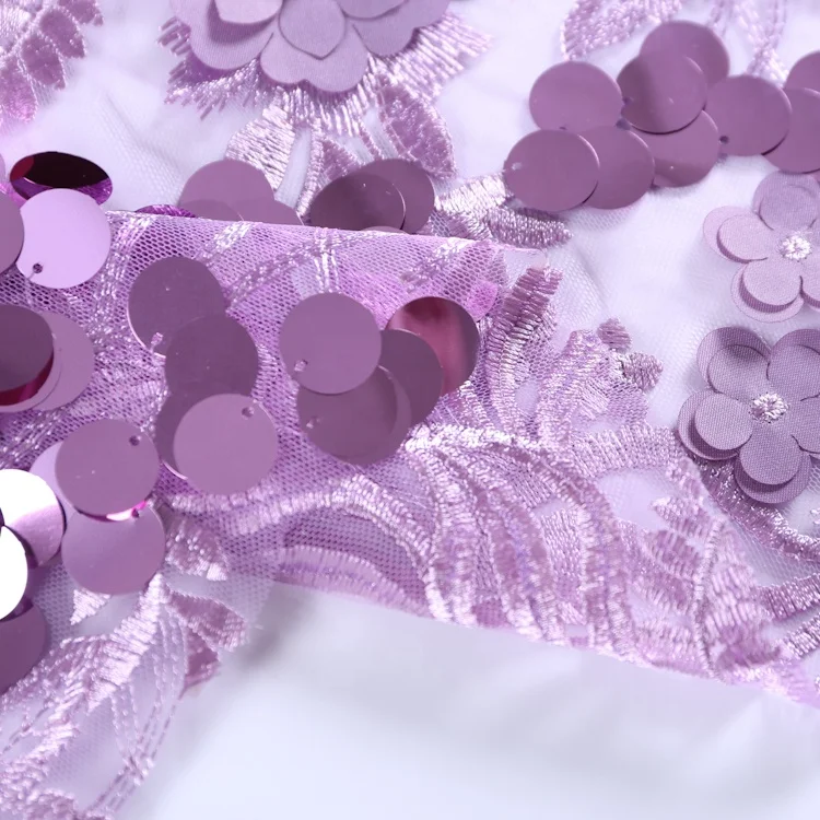 Elegant Applique Lace Purple 3D Beaded Sequin Embroidery Transparent Mesh Fabric