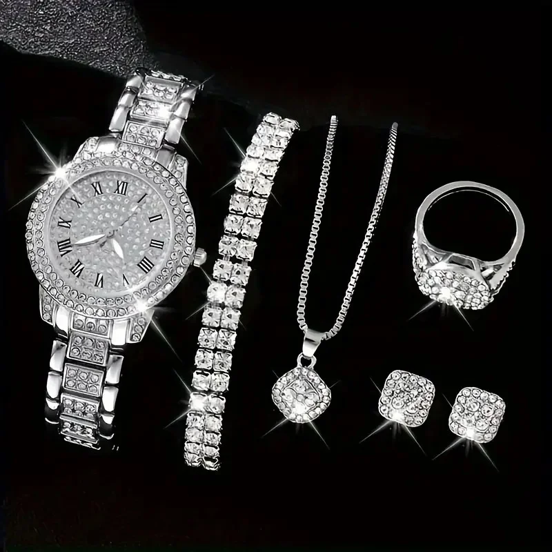 Factory stock hip hip lady rhinestone roman quartz watch bracelet necklace earrings rings jewelry sets