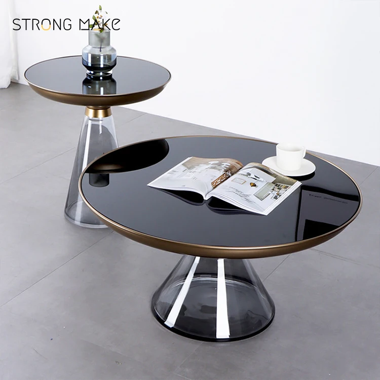 Modern Simple Glass Round Side Table Combination Household Luxury Metal Black Glass Table Top Small Living Room Coffee Table Set