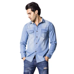 Custom Design Double Pockets Washed Cotton Denim Shirt Long Sleeve Casual Breathable Button Down Shirts for Men