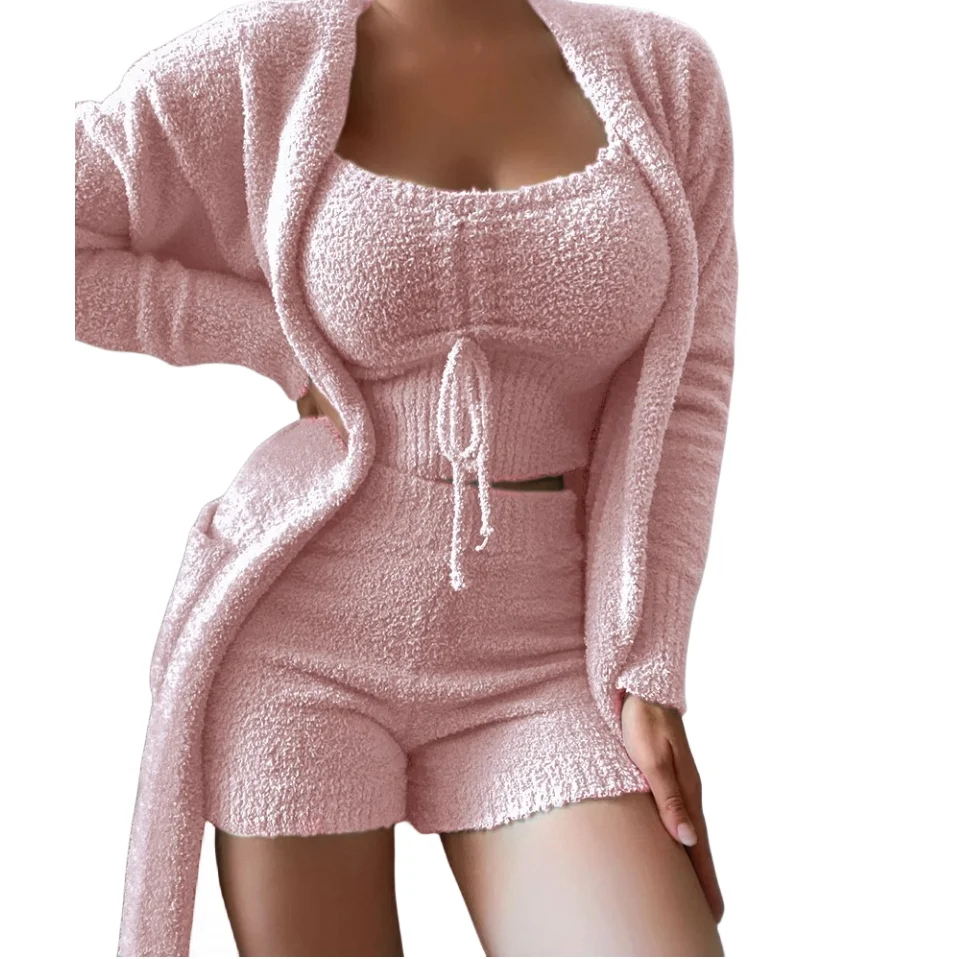 2024 Winter Wool Coral Plush Pajamas 3 Pcs Hooded V-Neck Robe Vest Shorts Sexy Bathwear Loungewear for Women