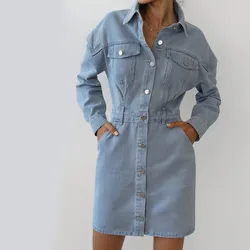 2023 fashion Women casual long sleeve side pockets lapel mini denim dress