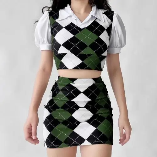 fashionable clothes women Slim Two Piece Dress Set plaid green fake two piece