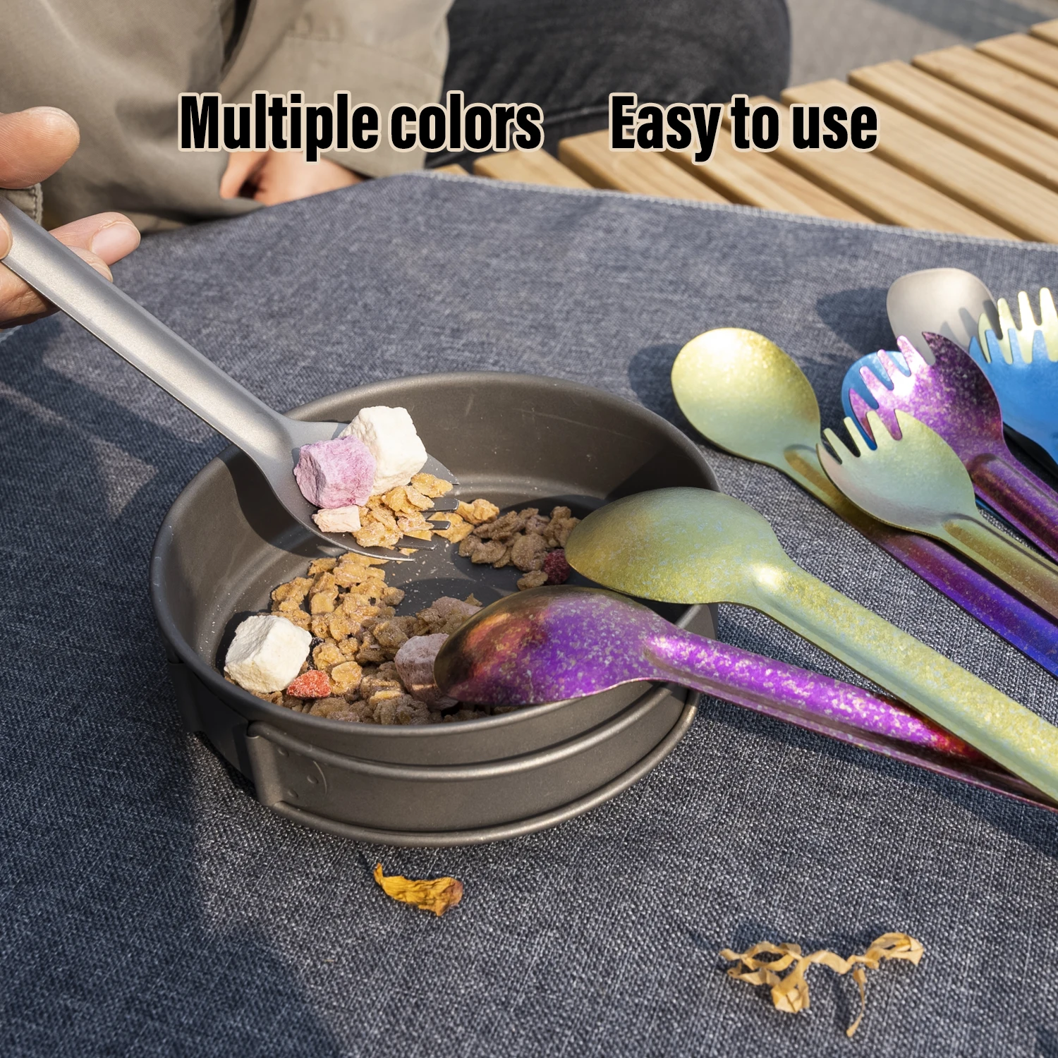 TiTo  Ultralight Portable Camping Pure Titanium Long Handle Spoon Spork Rainbow Color Tableware