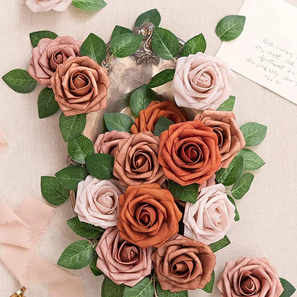 Ombre Artificial foam PE roses flowers shades of burnt orange rose for runner wedding table flower arrangement