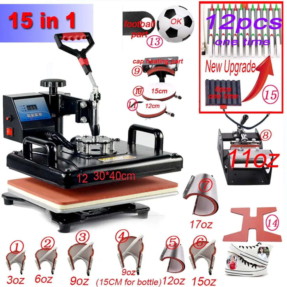 15 In 1 Combo Heat Press Machine Sublimation Digital Display Advanced Heat Transfer Machine For T-shirt/Mug/Hat//Slate/Glass/Roc