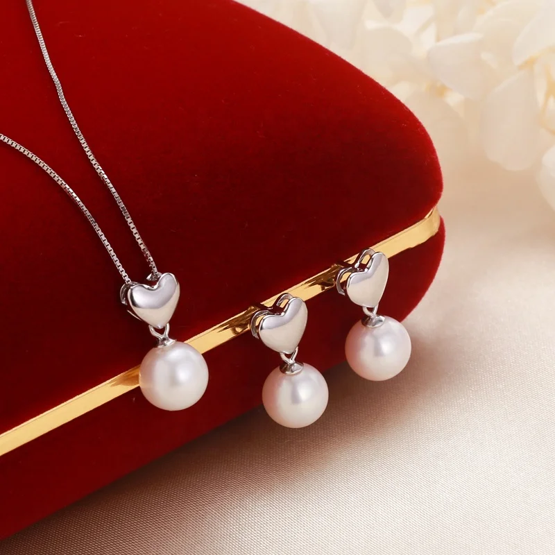 Natural Freshwater Round Pearl Heart Shape 925 Sterling Silver Jewelry Set