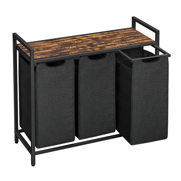 Home and Bathroom Wooden Laundry Hamper with 3 Pull-Out and Removable Bags Metal Frame Shelf Dirty Clothes Laundry Basket