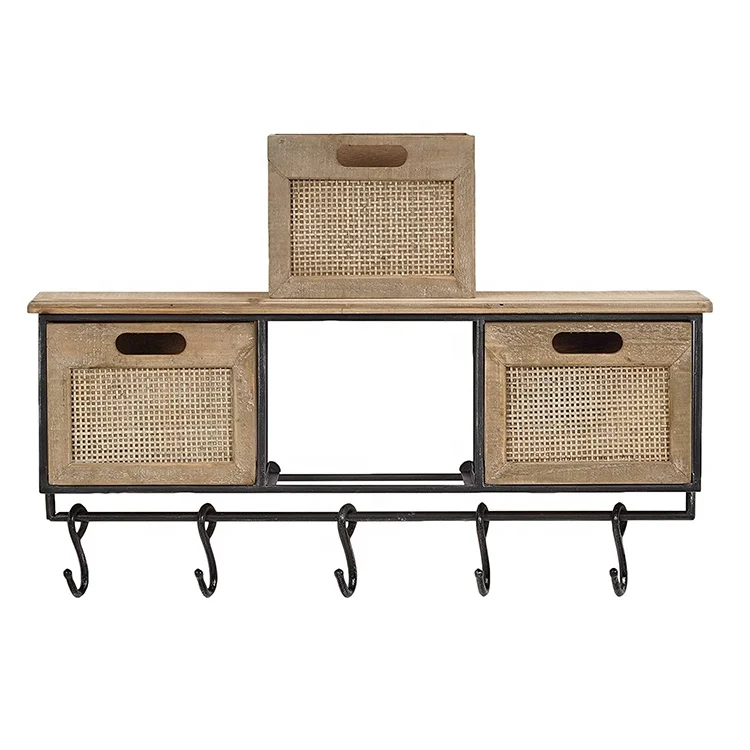 Rustic Wall Mounted Key Coat Rack Storage Shelf Wooden Entryway Floating Hanging Shelf with 5 Hooks 3 Drawers for Living Room