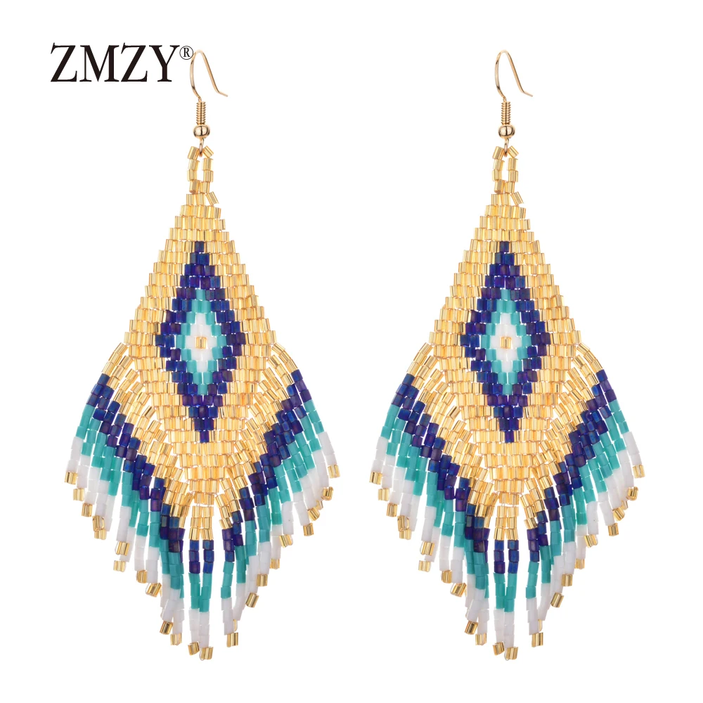 ZMZY Ethnic Earings Fashion Jewelry Boho Drop Earrings for Women Bohemian Long Tassel Crystal Bead Handmade Earring Fringe Gifts