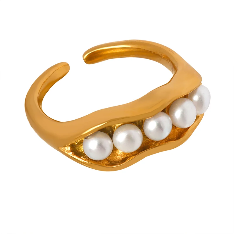 Luxury Gold Plated Resort Style Pod Shaped Ring Pearl Stainless Steel Ring