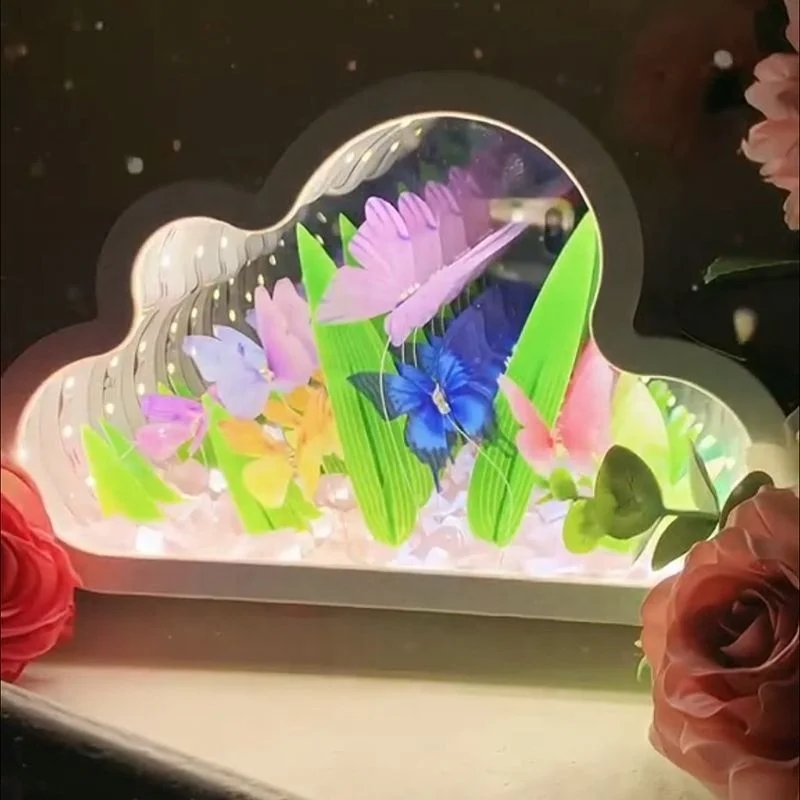 DIY Handmade Tulip Night Light Cloud Flowers Mirror Light Lampara De Tulipanes Bedroom Furniture Decoration Simulation Butterfly