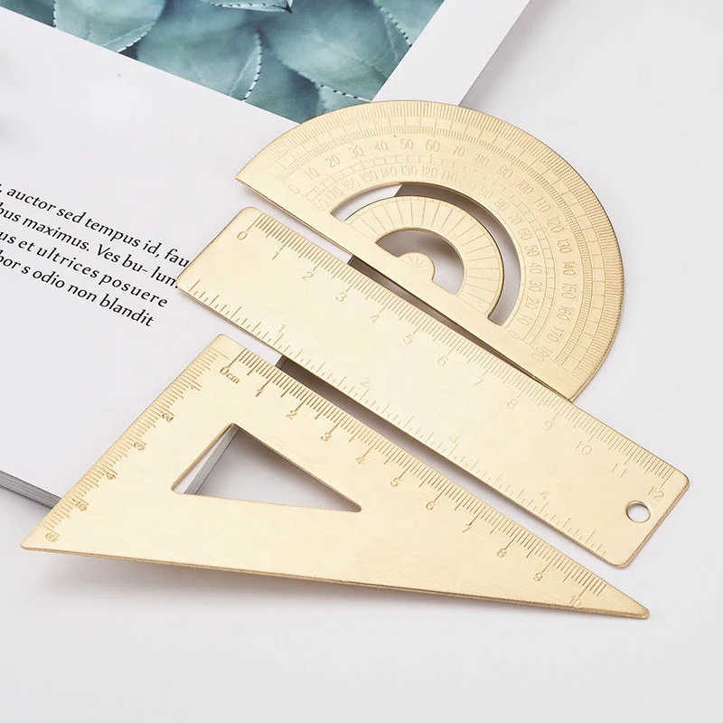 Wholesale stationery math geometry gift metal brass straight ruler protractor and triangle ruler