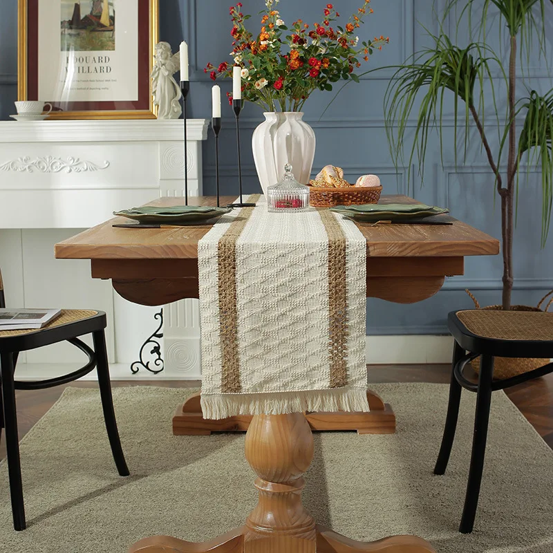 Table Runners Natural Burlap Table Runner Splicing Cotton Boho Table Runner with Tassels