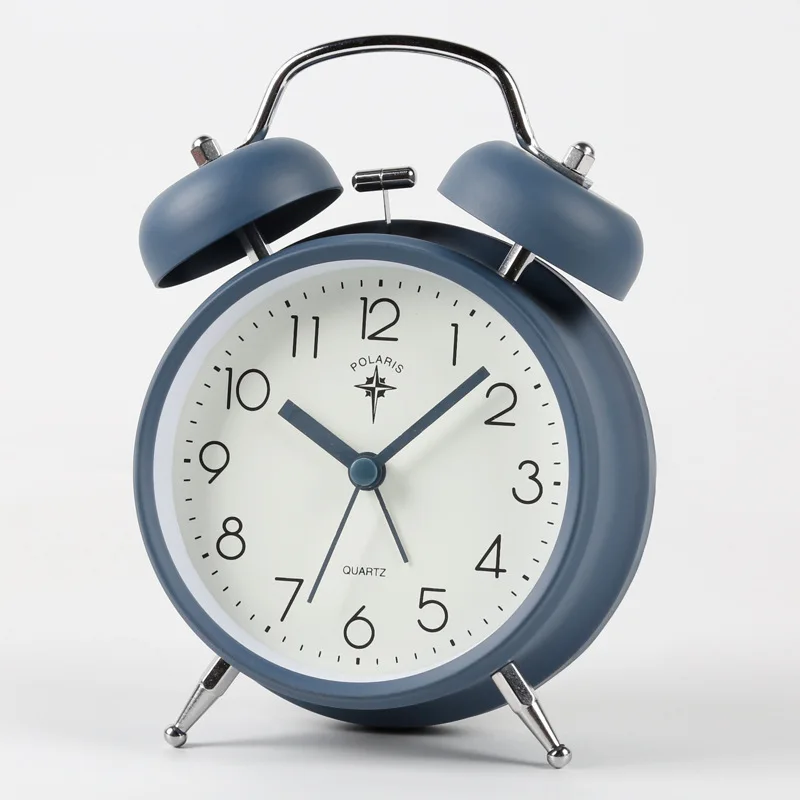 Custom twin bell metal alarm desk clock, silent student bedside table clock