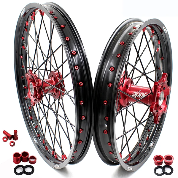
KKE 21/19' CNC Motorcycle Supermotard Spoked Wheel Rims Set Compatible with HONDA CRF250R CRF250R 2013-2021 Red Hub/Nipple 