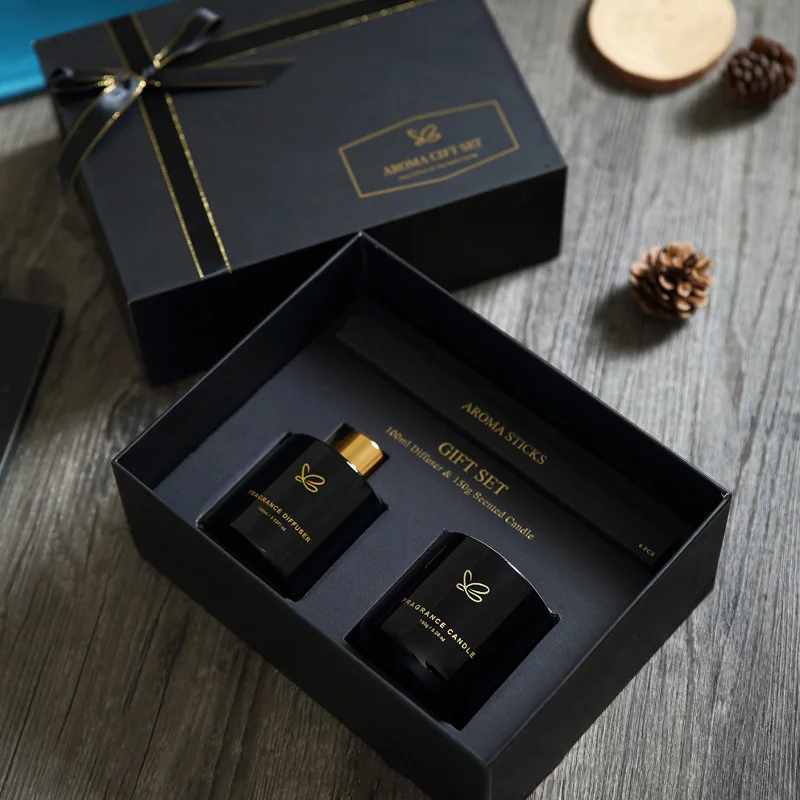 Minimalist Gold Label Black Bottle Scented Candle Gift Set Luxury Reed Diffuser