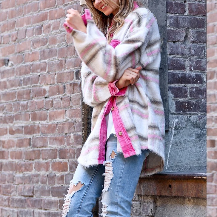 Loveda New Corduroy Striped Plaid Coat Lapel Single Button Pocket Women Jacket For Autumn And Winter Plus Size Women Clothes