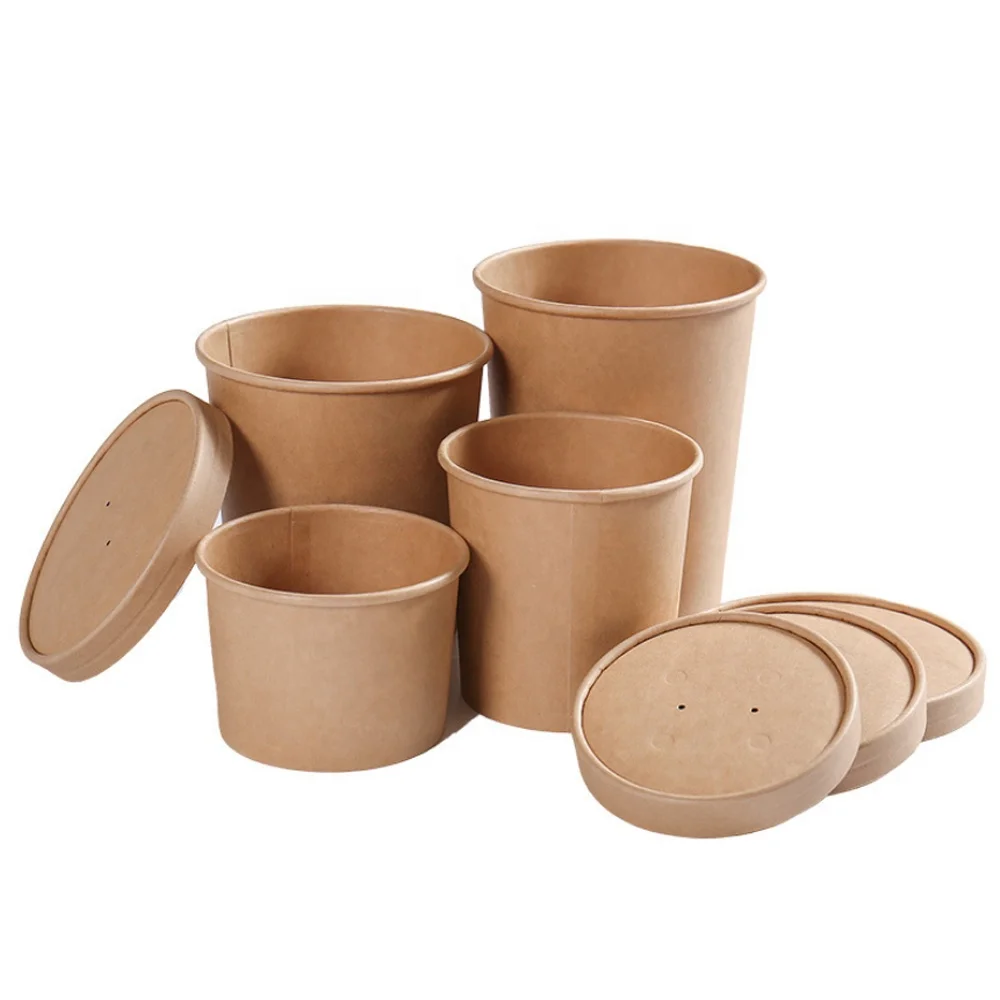 Custom disposable round Salad hot soup bowls food packing take away brown kraft paper soup cup with paper Lid