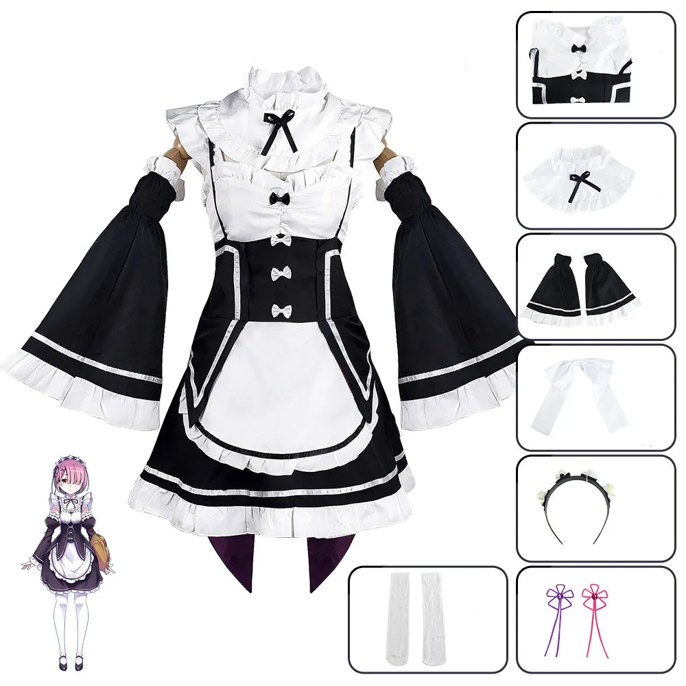Girls Long Sleeve lolita Dress Anime Clothing Role Play Dress Outfit Maid Uniforms Rem Ram Cosplay Costumes