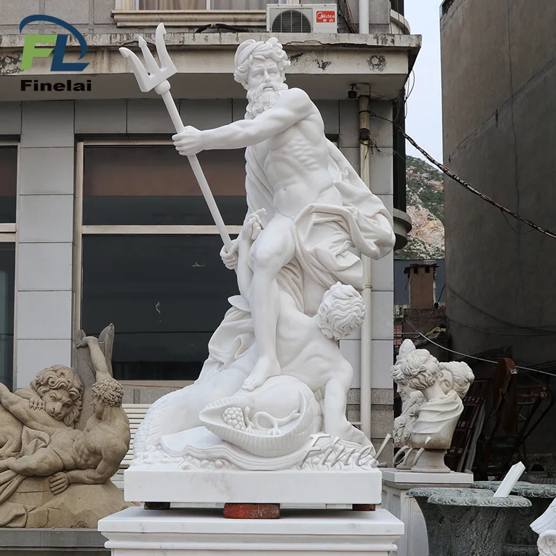 Finelai Famous outdoor garden stone life size white Marble Poseidon Greek God Statue sculpture