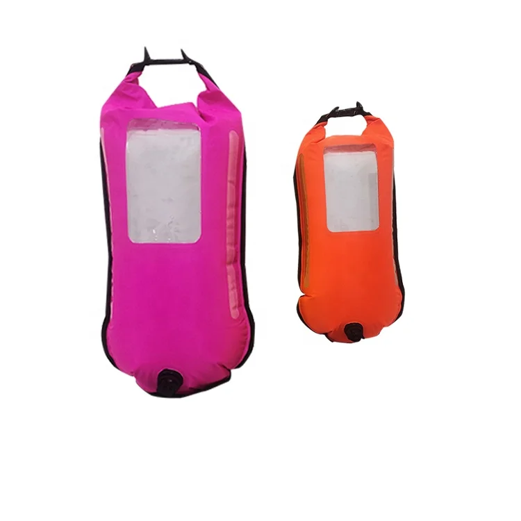 Bright yellow pink Orange RPET TPU Nylon Inflatable swimming buoy for open water man woman Tow Float Light LED Buoys