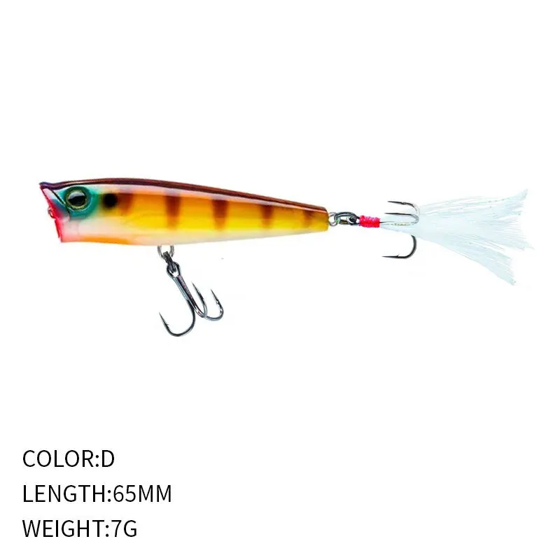 Topwater 65mm 7g Rush Popper Sea Fishing Lures Artificial Bait With Feather Hooks Wobbler 3D Eyes Lure For Bass Tuna