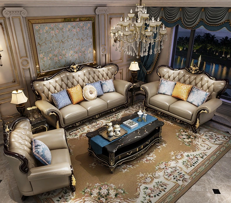 European-style Leather Living Room Sofa Combination Solid Wood Carved Couch Tufted Leisure Sofa Chair For Home Hotel Furniture