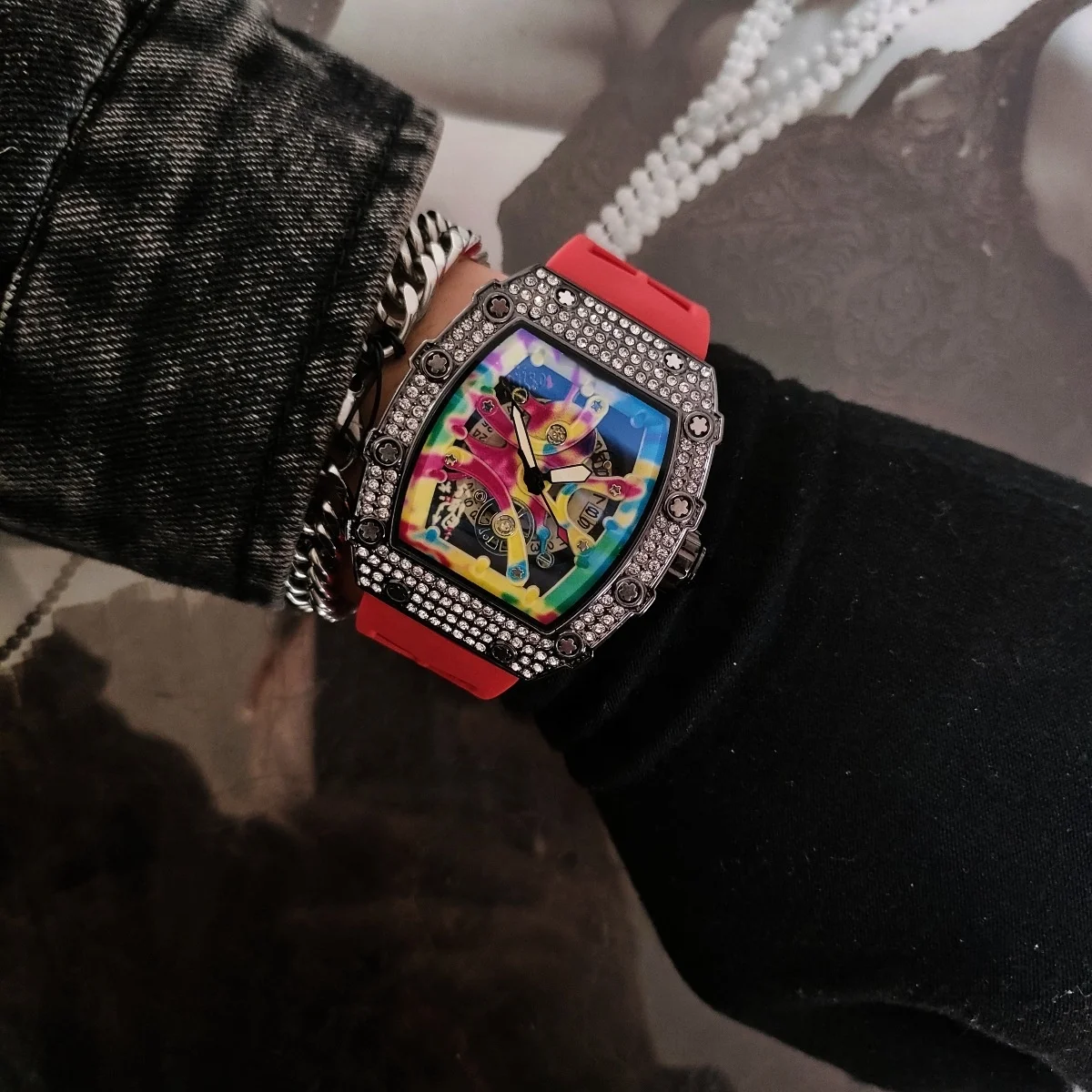 2024 New Hollow Out Colorful Diamond Luxury Watch barrel shaped 3D stereoscopic Richard Calendar Fashion Quartz  Watch for Men