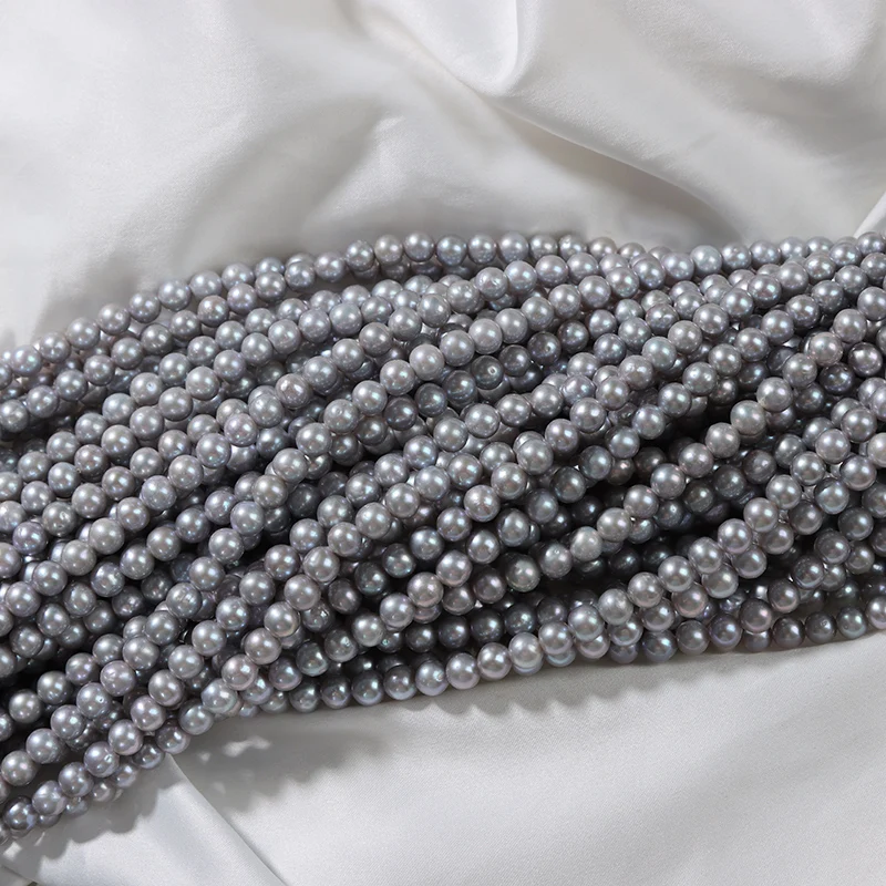 Hot Selling 5-6mm Natural Freshwater Pearl Nucleated Gray Near Round Beads Cultured Pearls Akoya