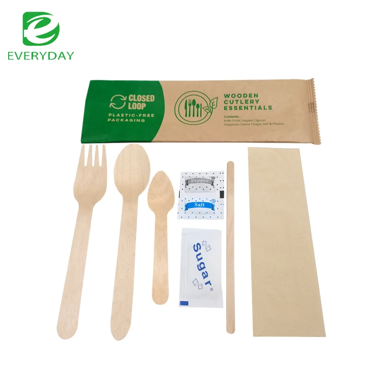 Promotional low price biodegradable wood cutlery set disposable knife spoon fork napkin 4 in 1 with logo