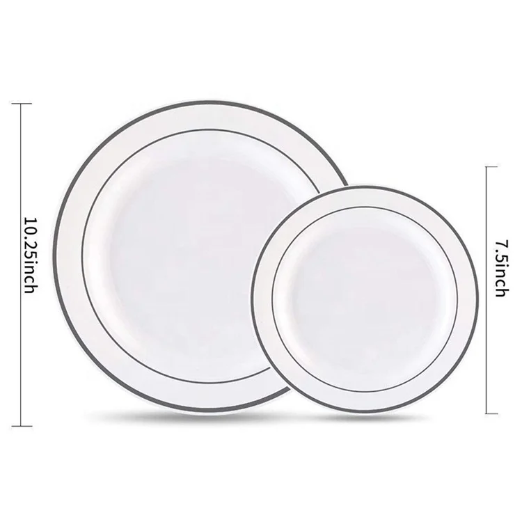 Cheap silver rim white disposable plastic plate in wholesale