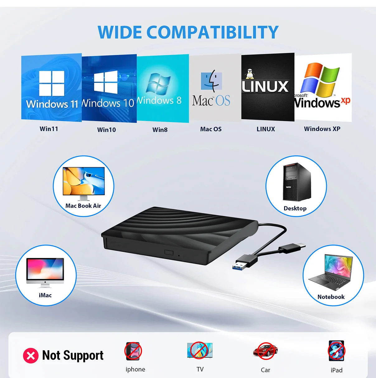 External  cd/bd/dvd writer burners optical drive  Card Reader Drive Compatible with desktop Windows Mac USB 3.0/Type-C