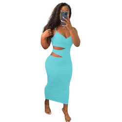 EB-2022 new041710    Hollow Out Women Summer New Sleeveless Dress Halter Bodycon Casual Midi Cotton Dress 2022 new21 Women Clothing