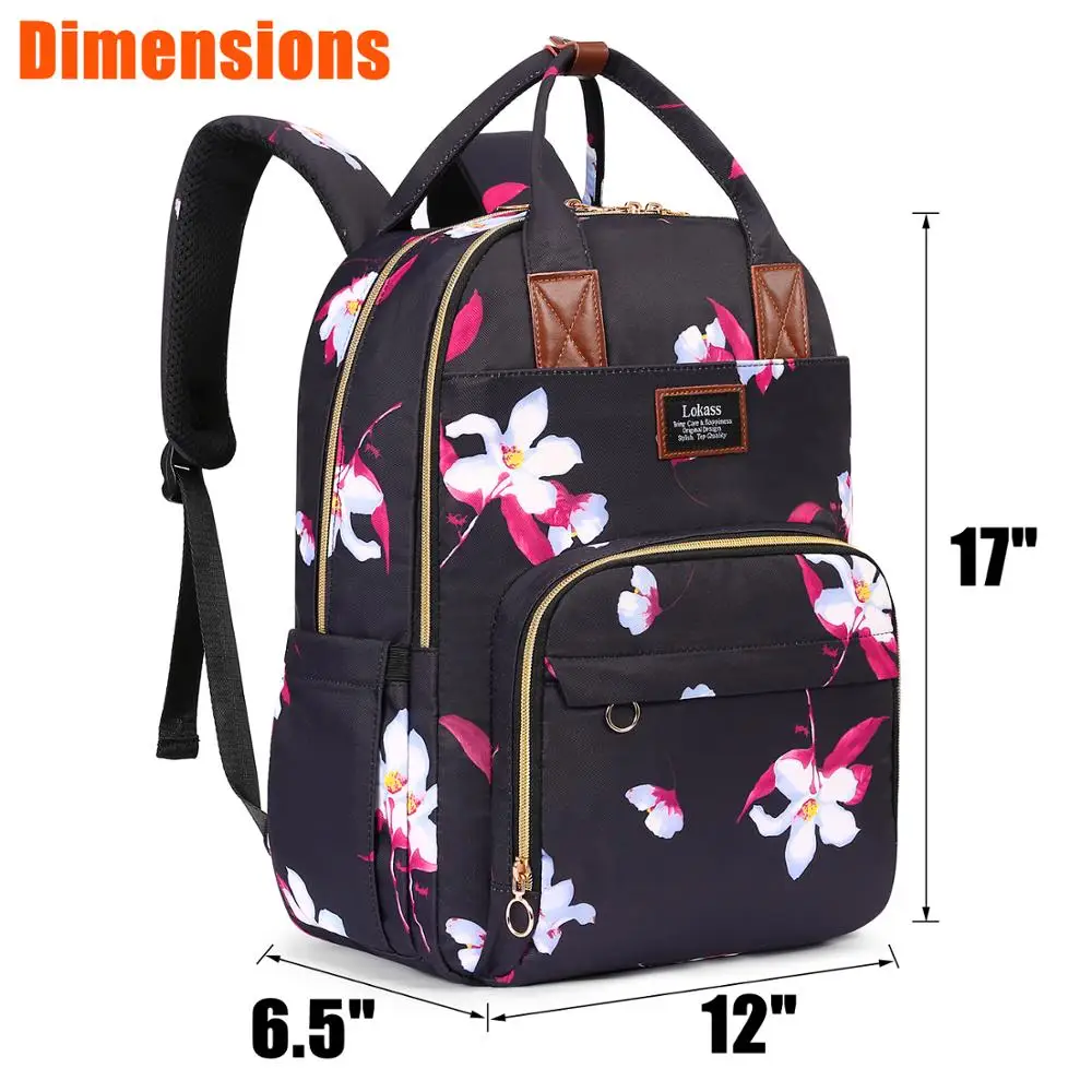 Lokass 15.6 inch Floral School Bookbag Laptop Bag Laptop Backpack with USB Charging Port and Luggage Strap