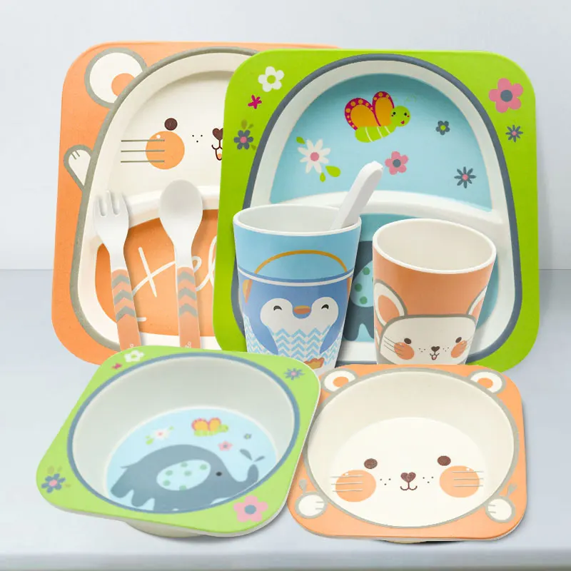 Manufacture Factory Melamine Children Dinner Set 5 Pcs Cute Milk Cow Reusable Unbreakable Bamboo Fiber Dinnerware Plate Bowl Cup