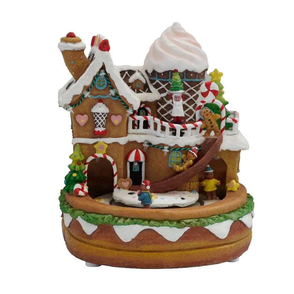 New Arrival Musical Resin Gingerbread House with LED Light Movement Christmas Village 2024 Decoration