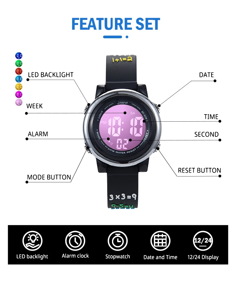 China Sport Electronic LED Light Watch Kids Waterproof Luminous Shock Resistant Buckle Clasp Power Reserve Feature Case PC