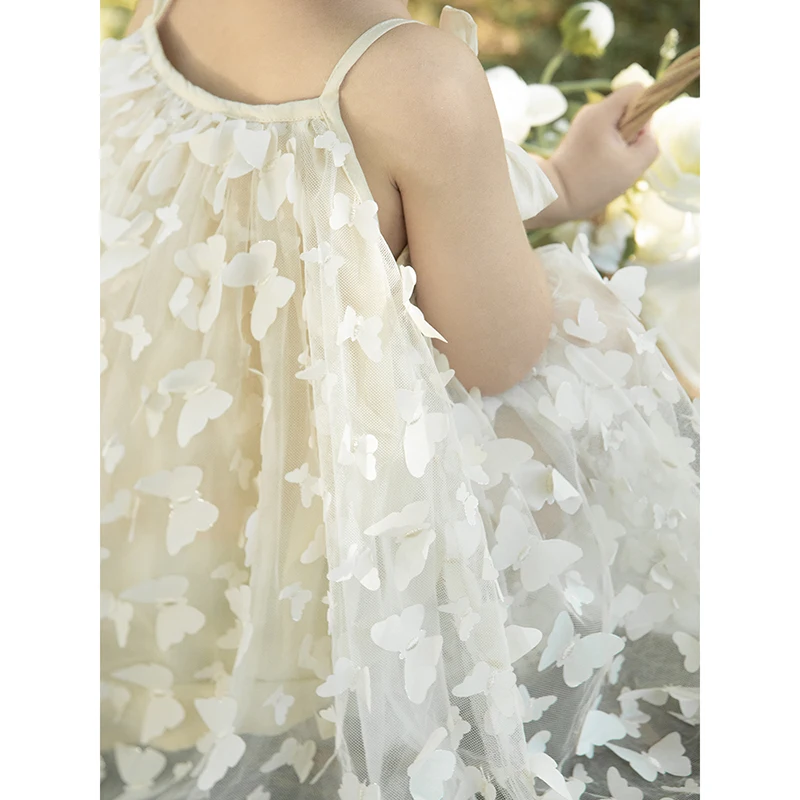 YOEHYAUL Boutique Girls Summer Dresses 2-12 with Bows 3D Butterfly White Sleeveless Strap Princess Child Lace Dress Kids