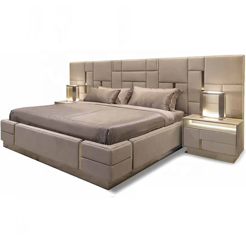 MIDISO Italian Luxury Design Bedroom Furniture Modern King Size Bed Frame with Headboard Fabric 1 Piece Wooden Normal Wood Bed