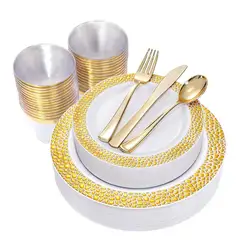 White Gold Rim Luxury Disposable Plastic Dinner Sets