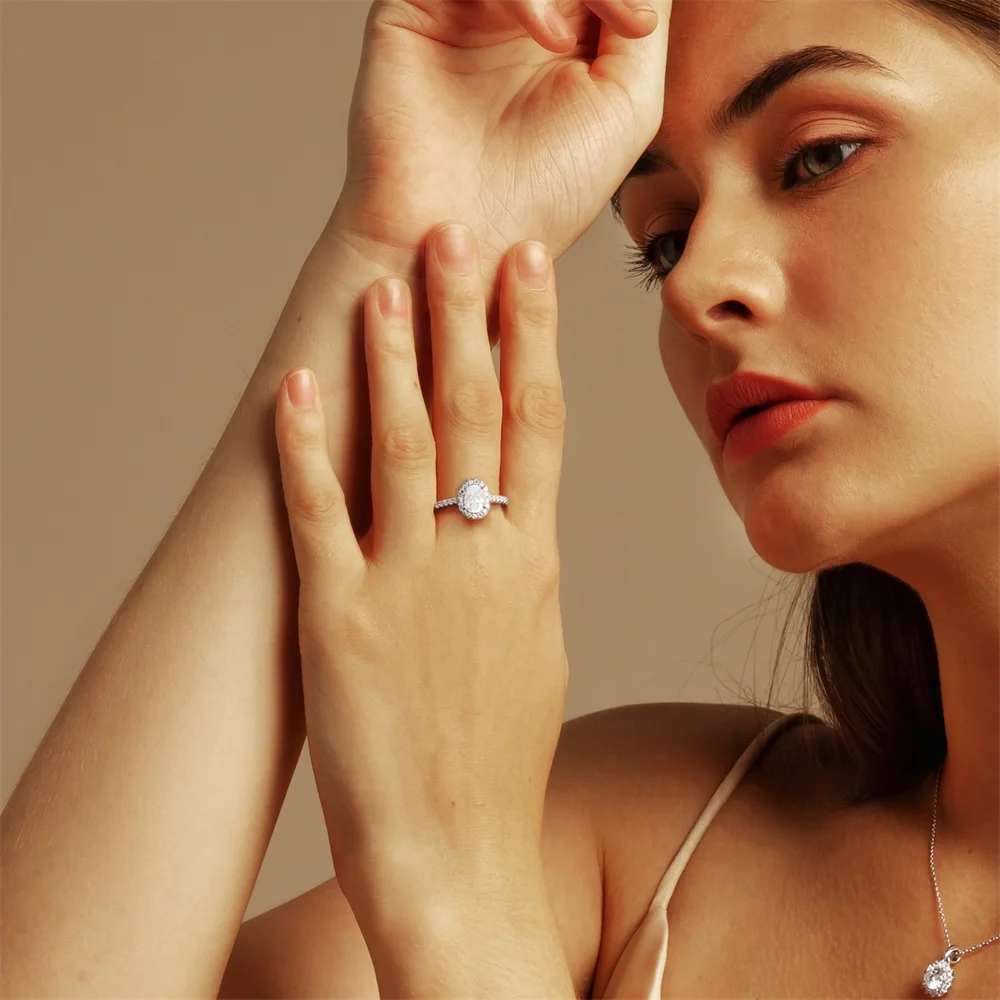 KRKC Luxury 1 ct Moissanite Jewelry 925 Sterling Silver Cluster Oval D Color Diamond White Gold Engagement Moissanite Rings