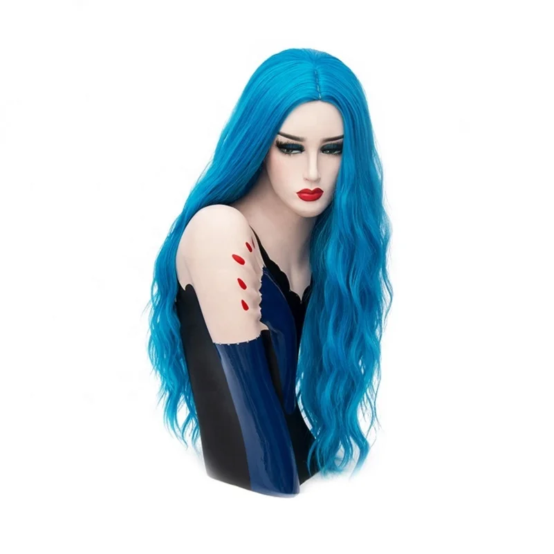 New Fashion Halloween Hair 26 inches Long Curly Synthetic Anime Wig Cosplay Heat Resistant Blue Lolita Wig
