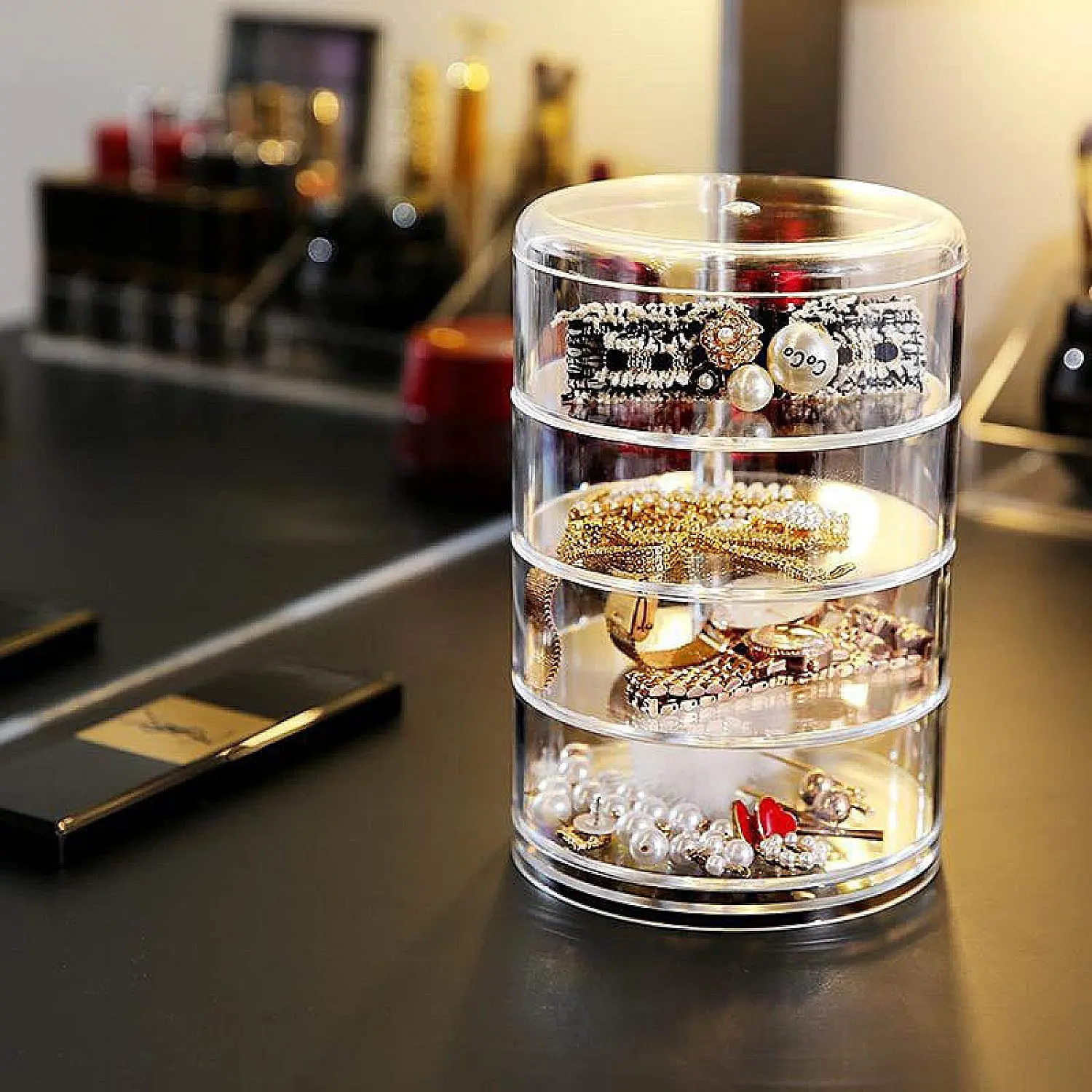 Stackable 4 Tier Round Clear Plastic Jewelry Rotating Storage tray With Lid Small Cylindrical Storage Case For Jewelry