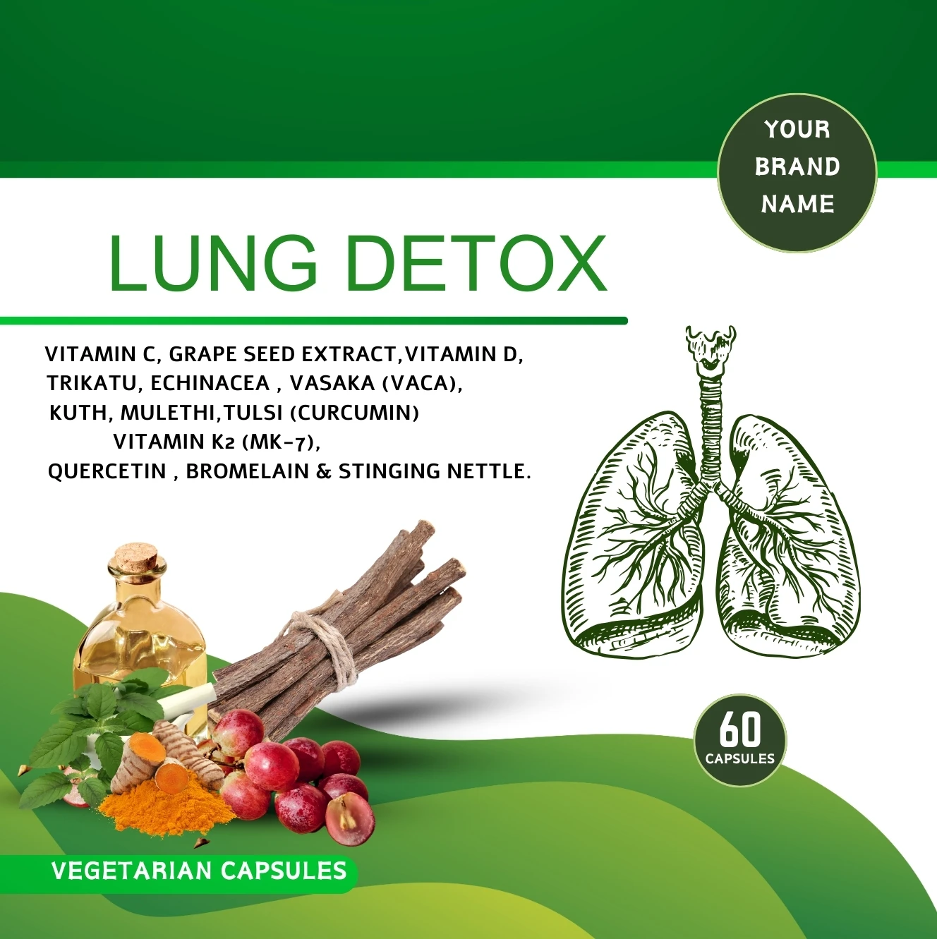 Private Label Lung Detox Herbal Supplement 60 Vegetarian Capsule from India for Export at Wholesale Price