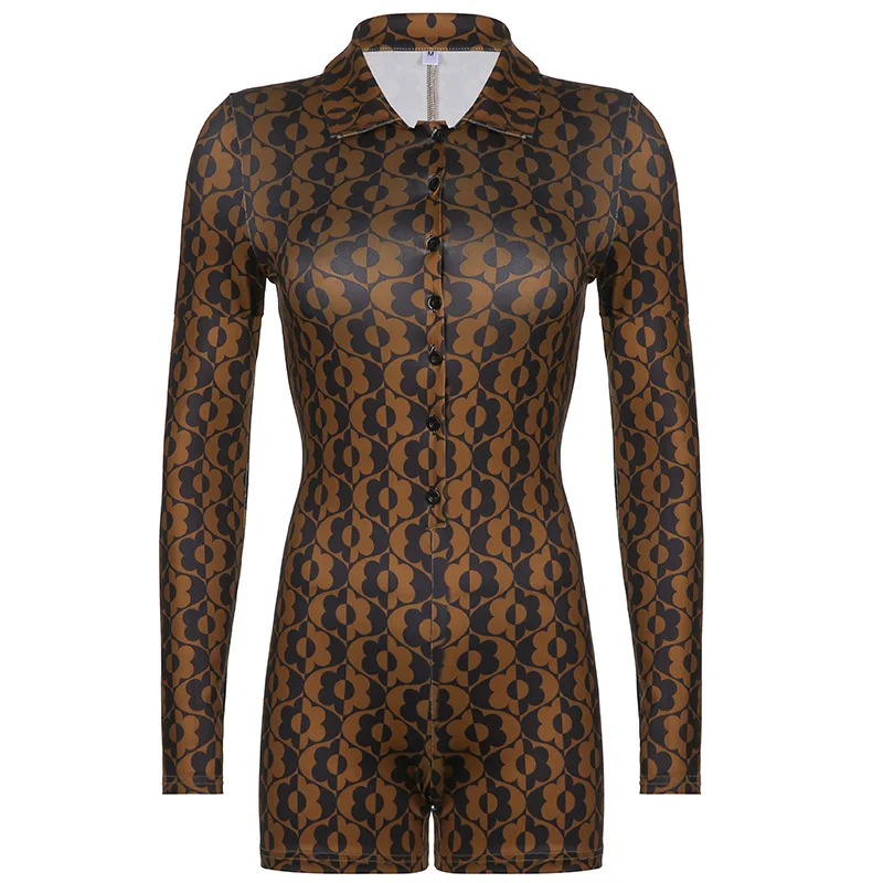 Spring 2022 Wholesale Printing Jumpsuit Turn Down Collar Rompers Long Sleeve Women Jumpsuit Latest Design Combinaison Femme