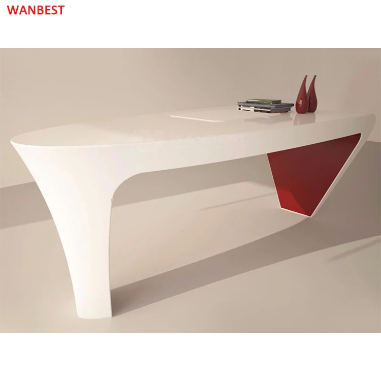 Fancy Acrylic Oval White and Red Office Executive Boss Computer Desk Home Study Table
