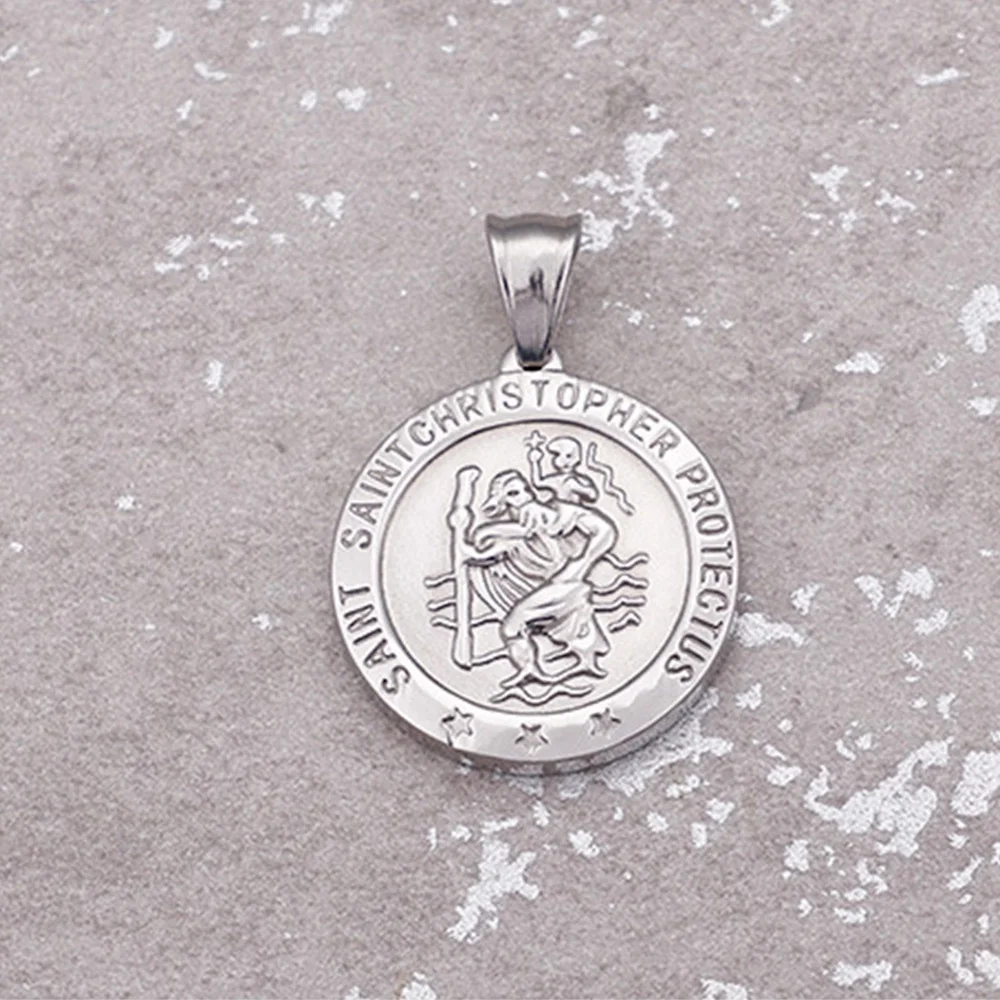 MECYLIFE Stainless Steel Gold Plated Medallion Saint Christopher Protect Us Religious Jewelry Men Coin Necklace