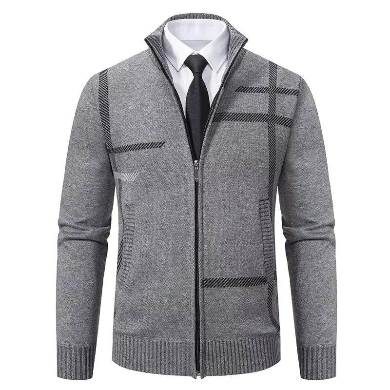 High Quality Jacquard Long Sleeve Wool Running Jacket For Men Custom Embroidery Zipper Up Winter Stand Collar Business Cardigan